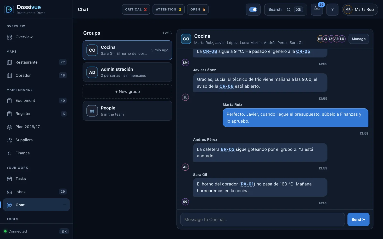 Kitchen chat group in Dossivue with linked machine references