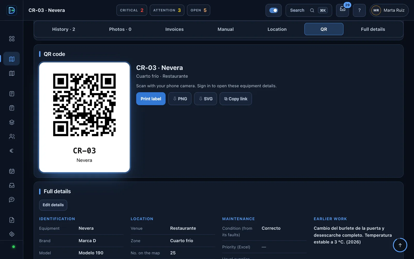Record of a fridge in Dossivue with its QR code, ready to print the label