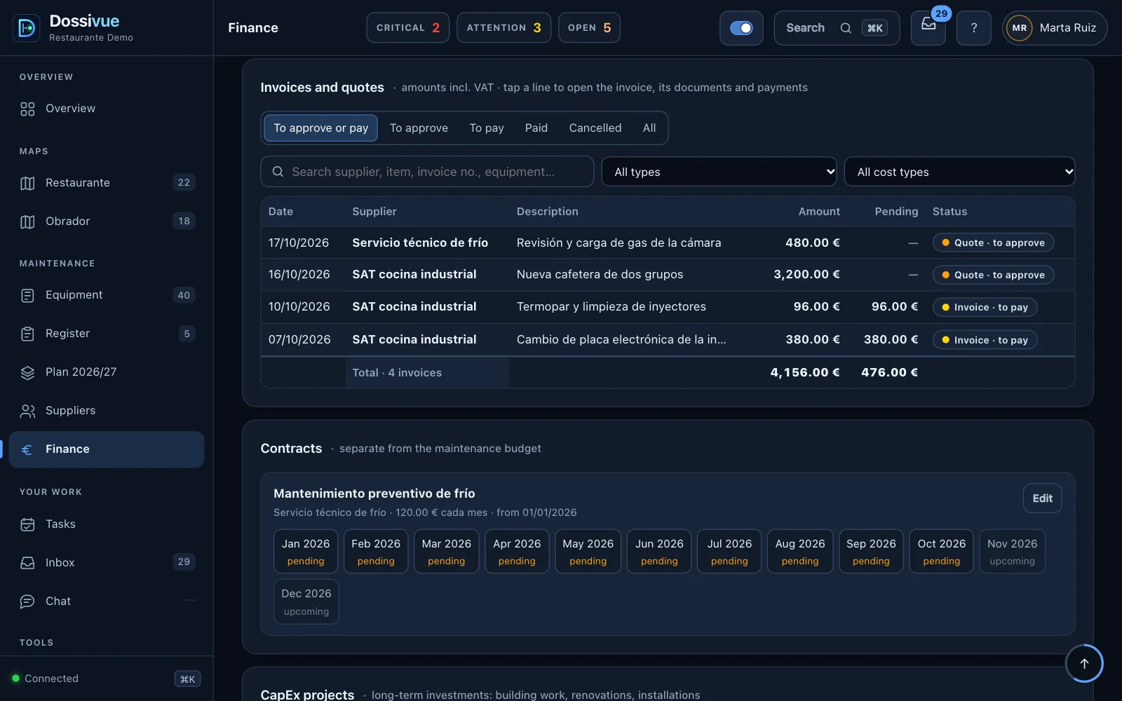 List of invoices and quotes by supplier, with amounts due and maintenance contracts