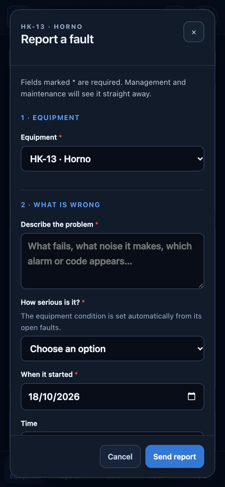Form to report a fault from a phone