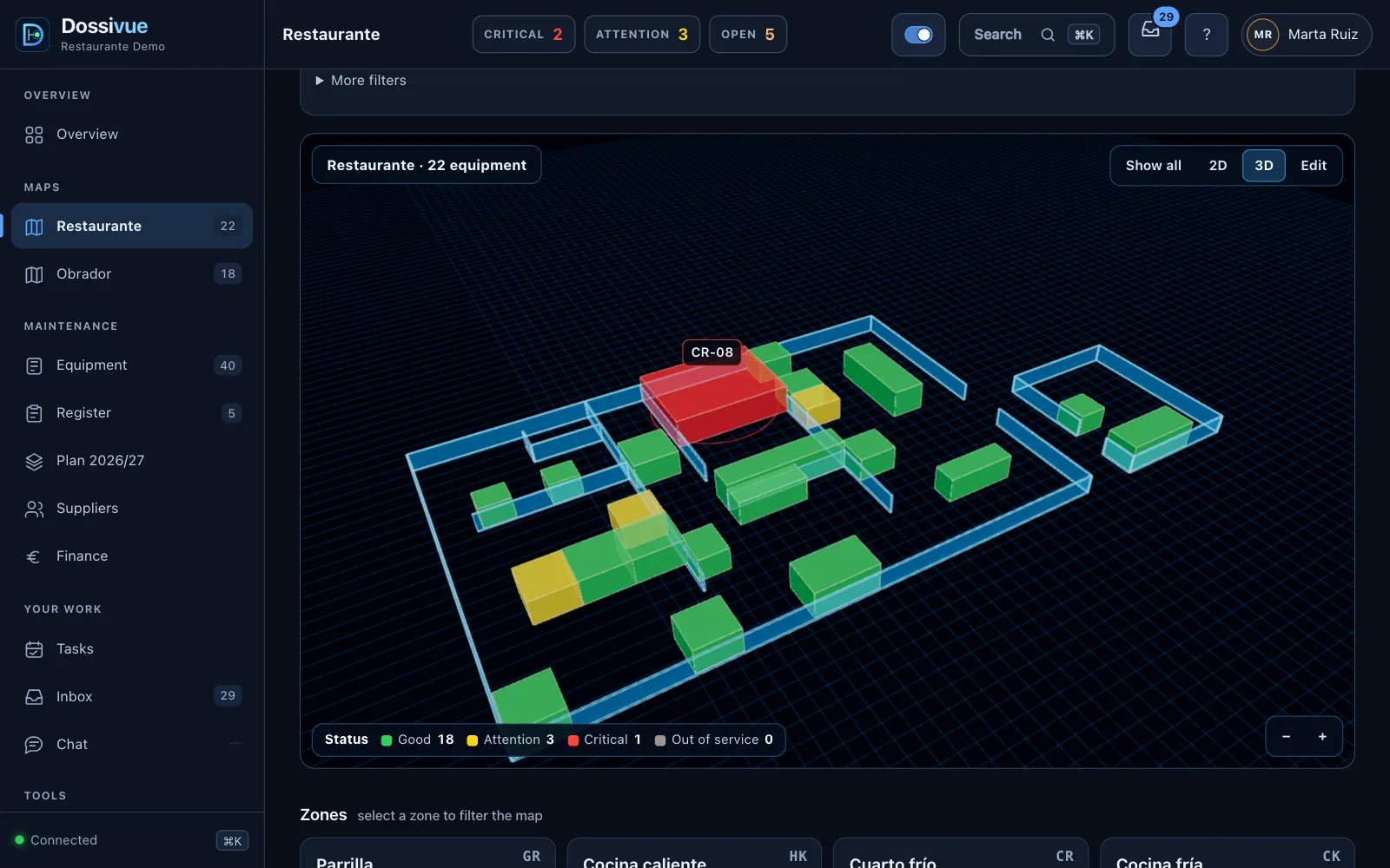 3D floor plan of a restaurant in Dossivue with equipment coloured by condition