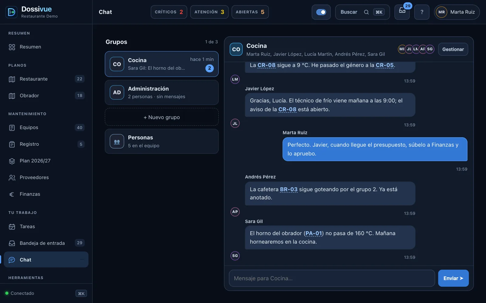 Grupo de chat de cocina en Dossivue con referencias de equipos enlazadas