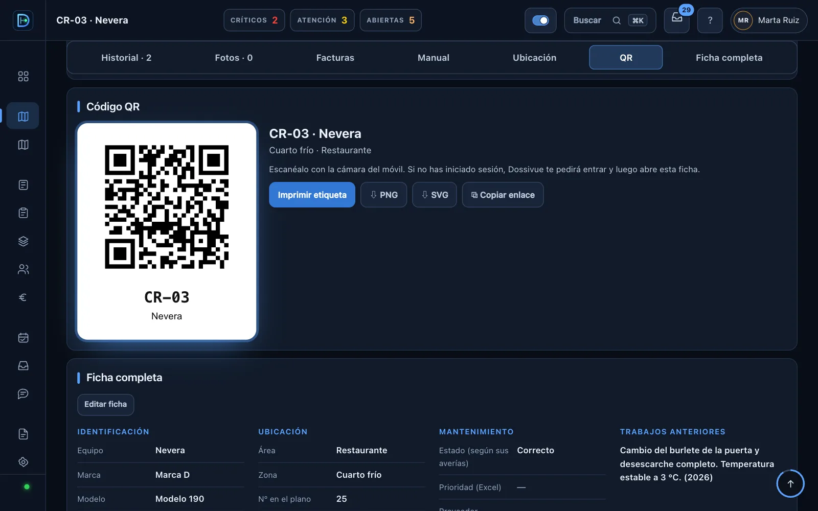 Ficha de una nevera en Dossivue con su código QR, listo para imprimir la etiqueta