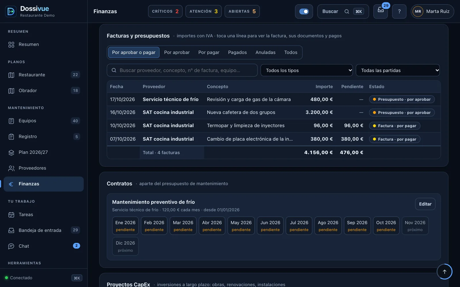 Lista de facturas y presupuestos por proveedor, con importes pendientes y contratos de mantenimiento