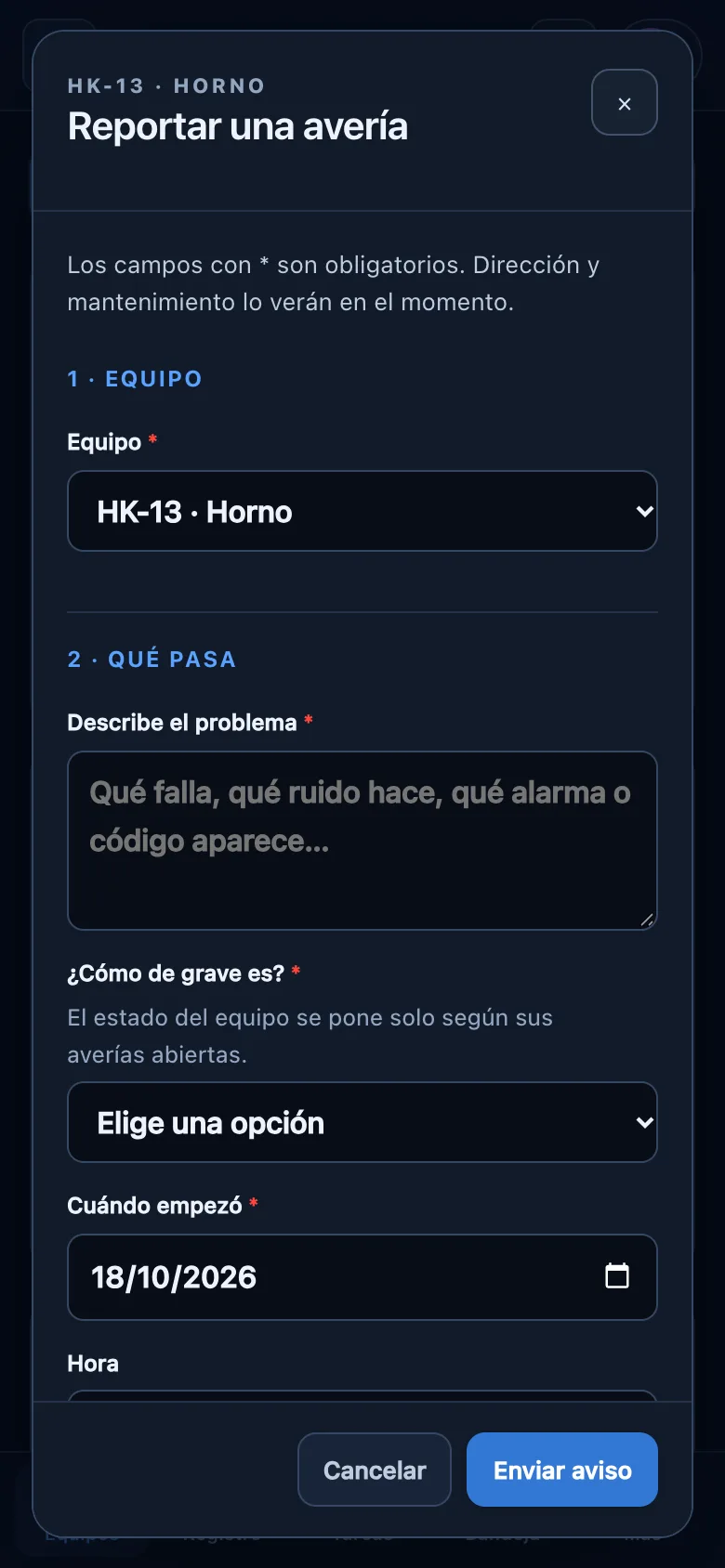 Formulario para avisar de una avería desde el móvil