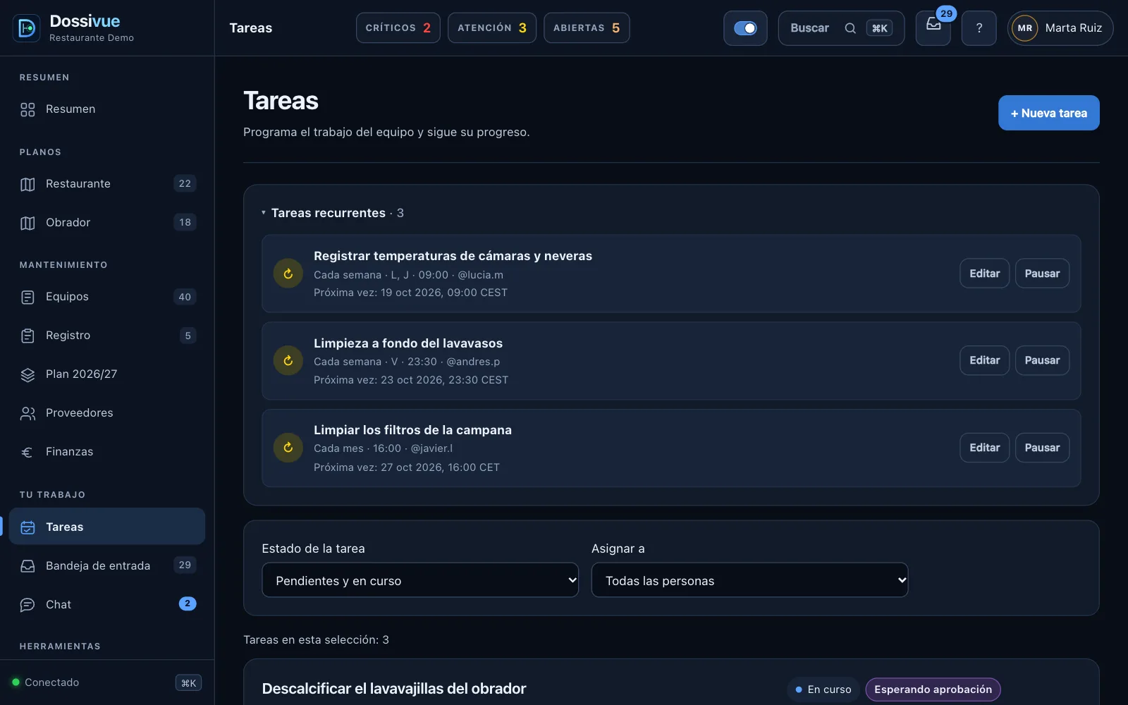 Lista de tareas recurrentes de Dossivue: temperaturas de cámaras, limpieza del lavavasos y filtros de la campana